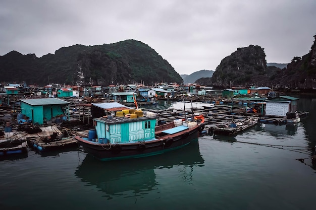 Schwimmende Fischfarm in Ha Long Bay Vietnam Produktion von Fisch und Schalentieren im Meer