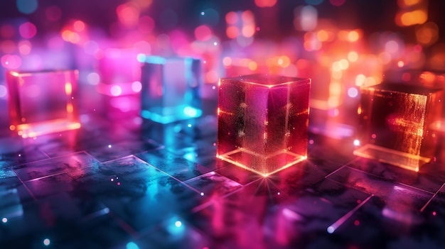 Schwimmende Neonwürfel in einem 3D-Abstrakten Raum leuchtend und ansprechend Breitbildschirm digitale Kunstwerke futuristische Stimmung visuell auffallend KI Generative