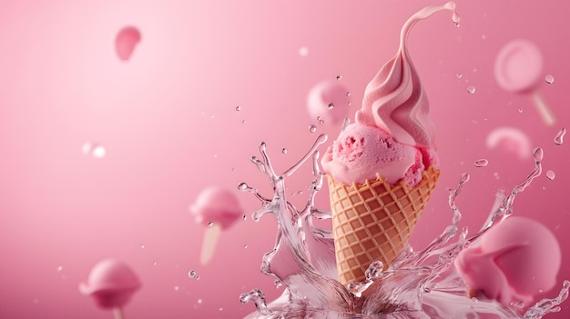 Schwimmende rosa Eiscreme-Schuppen mit Kegel auf rosa Hintergrund