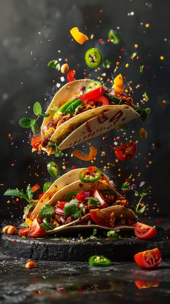 Schwimmende Tacos mit Zutaten, die den 3D-Illustrationsstil ausgleichen