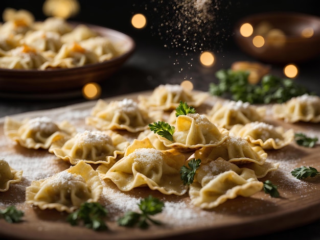 Schwimmende Tortelli- und Ravioli-Pasta mit Zutaten Käse Fleisch oder Gemüse Filmfoto