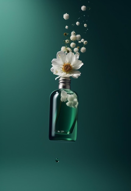 Schwimmende transparente Flasche mit einer Blume auf dunkelgrünem Hintergrund