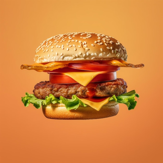 Schwimmender amerikanischer Hamburger auf Lebensmittelwerbung auf weißem Hintergrund