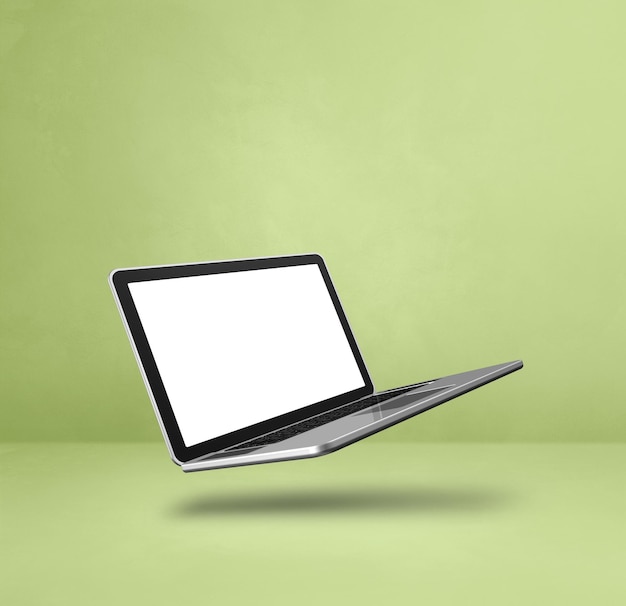 Schwimmender Computer-Laptop isoliert auf grünem quadratischem Hintergrund