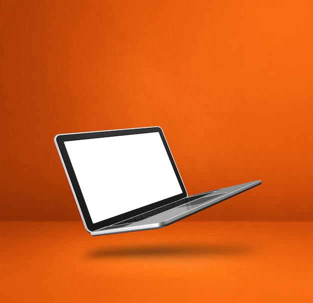 Schwimmender Computer-Laptop isoliert auf orangefarbenem quadratischem Hintergrund