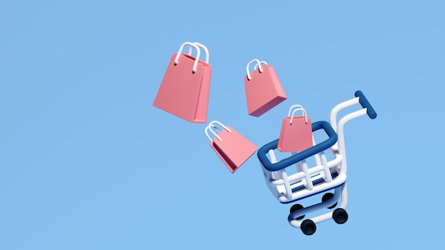 Schwimmender Einkaufswagen oder Trolley und Taschen-Symbol 3D-Rendering