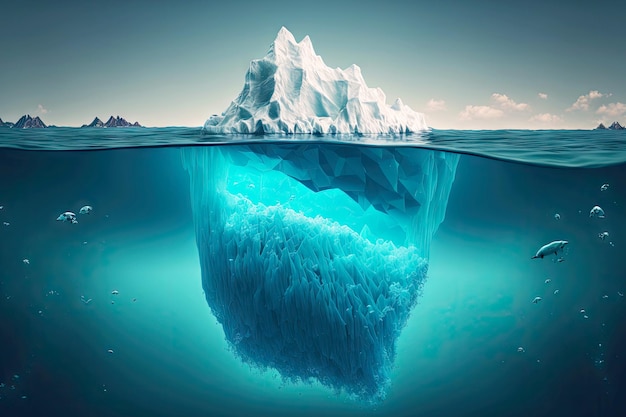 Foto schwimmender eisberg, der im ozean voller leben in der nähe der felsigen küste treibt
