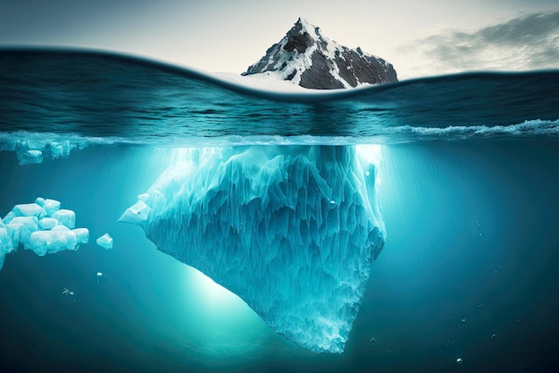 Schwimmender Eisberg, der tief unter Wasser geht, mit Felsen über dem Meer