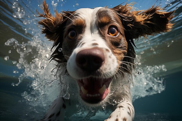 Schwimmender Hund halb unter Wasser