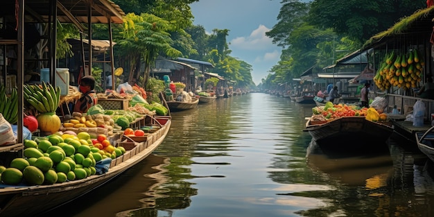 Schwimmender Lebensmittelmarkt Asiatischer Schwimmender Markt Traditionelle thailändische Kultur Obst und Gemüse