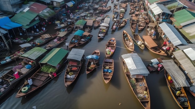 Schwimmender traditioneller Markt Blick auf den traditionellen schwimmenden Bootsmarkt von der generativen Drohnen-KI