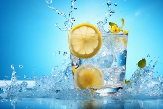 Schwimmender Wassercocktail mit Eis und Zitrone auf sommerlichem Hintergrund