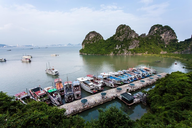 Schwimmendes Fischerdorf und Felsinsel in der Halong-Bucht Vietnam Südostasien