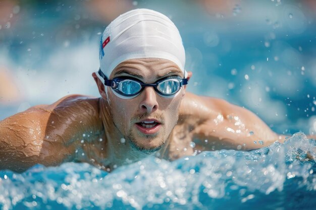 Schwimmer mit Schutzbrille und Schwimmmütze beim Wettkampf oder beim Training