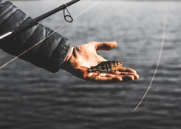 Foto schwimmköder oder wobbler an der angelrute für raubfische und hechte in der handfläche