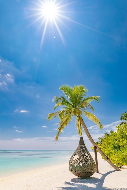 Schwingen Sie an der Kokospalme am tropischen Strand auf der Malediven-Insel. Perfektes tropisches Inselkonzept