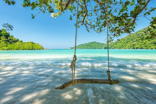 Schwingen Sie auf Baum am schönen tropischen Strand, lokalisierte Surin-Insel, Thailand