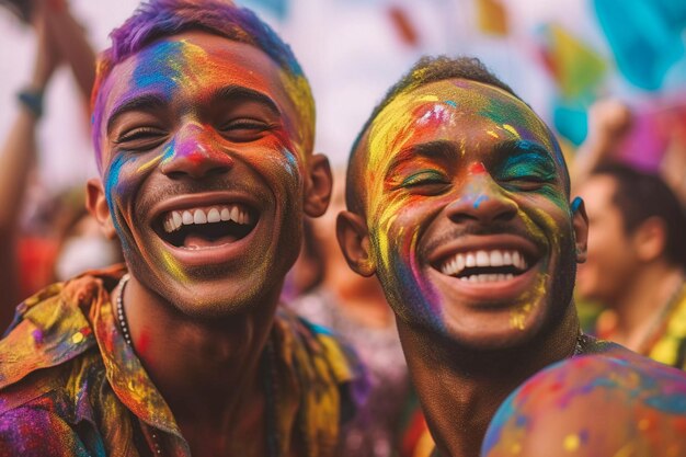 Schwules männliches Paar lächelt mit krawattenfarbener Kleidung bei Pride in Sao Paulo AI Generated