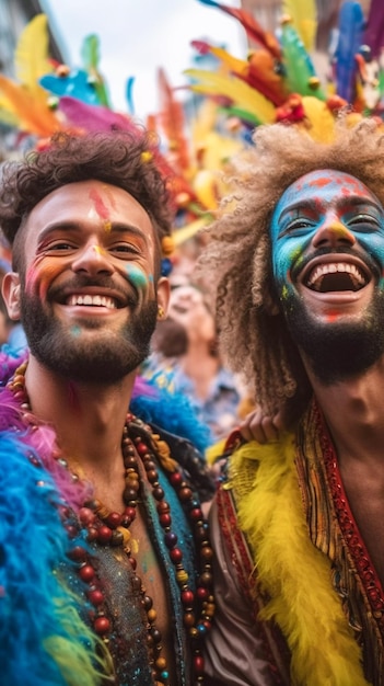 Schwules männliches Paar lächelt mit krawattenfarbener Kleidung bei Pride in Sao Paulo AI Generated