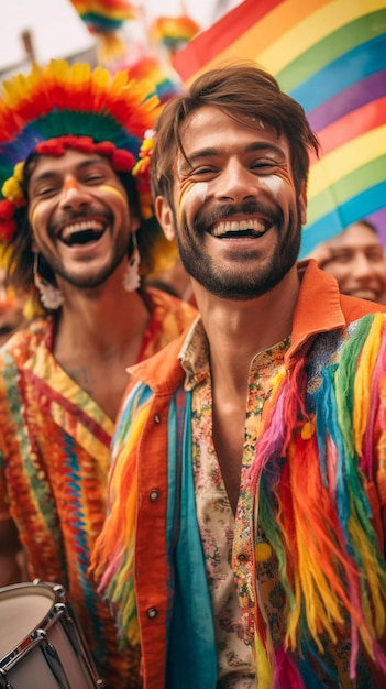 Schwules männliches Paar lächelt mit krawattenfarbener Kleidung bei Pride in Sao Paulo AI Generated