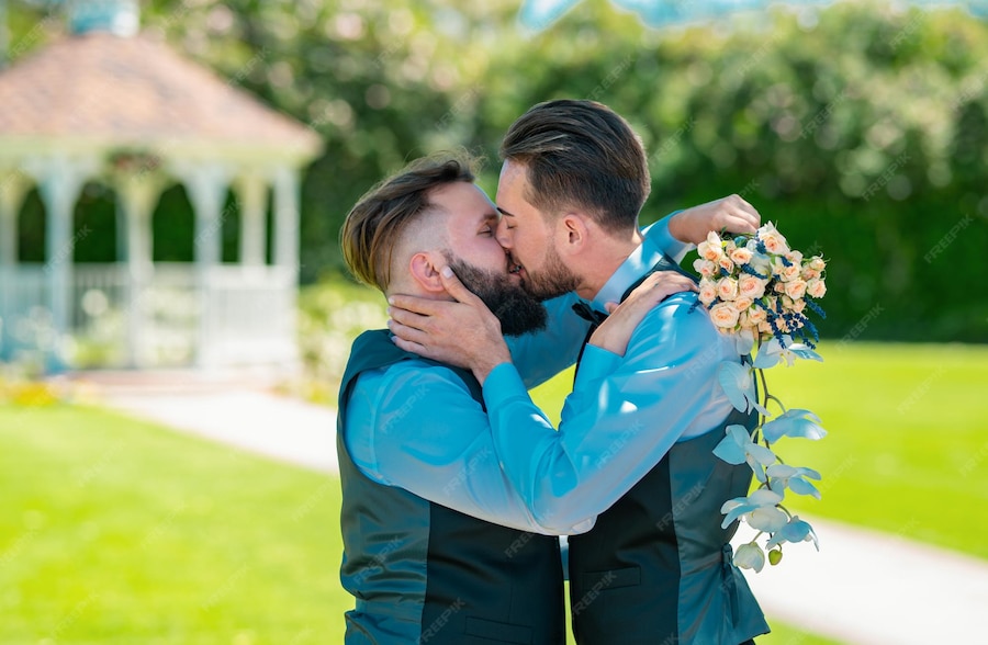 Schwules paar, hochzeit, schwule, die sich küssen, homoehe