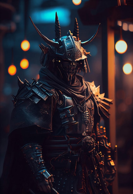 Foto sci-fi cyberpunk samurai na cidade cyberpunk com luzes de néon. ilustração digital