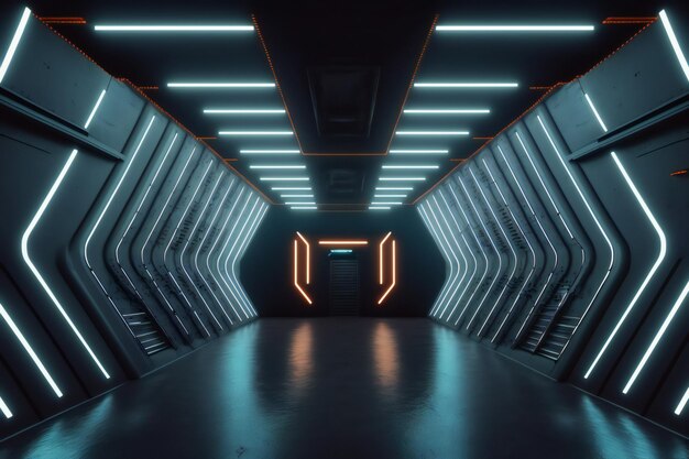 Sci Fi futurista estudio escenario cuarto oscuro en estación espacial con fondo de luces de neón brillante