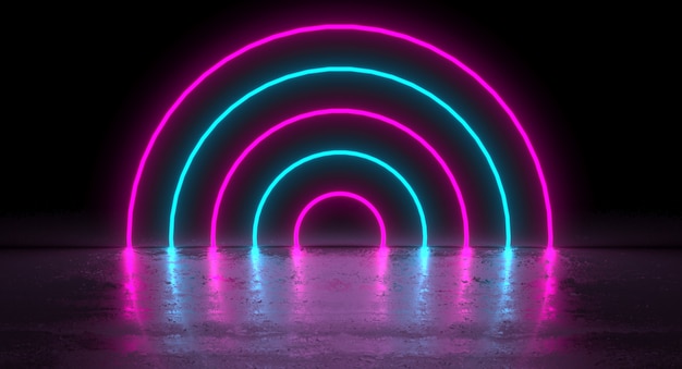 Sci-Fi Futuristic Blue Purple Neon Kreis runde Form Röhren auf Reflexion