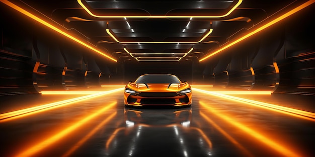 Sci Fi Futurístico estacionamiento moderno láser de neón brillante naranja amarillo cemento concreto reflectante oscuro subterráneo concesionario de automóviles almacén garaje fondo ilustración de renderización 3d