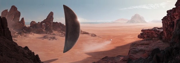 SCI-FI in der Wüste mit einem monolithischen Raumschiff, das auf der Wüstenoberfläche ruht, und einem weiteren kleinen Schiff, das in Richtung Horizont fährt