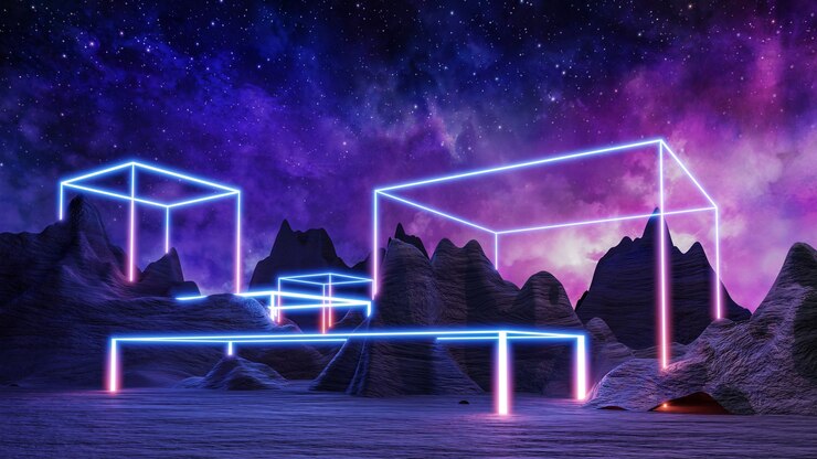 Sci fi paisagem de realidade virtual estilo cyberpunk renderização em 3d, universo fantasia e fundo de nuvem espacial