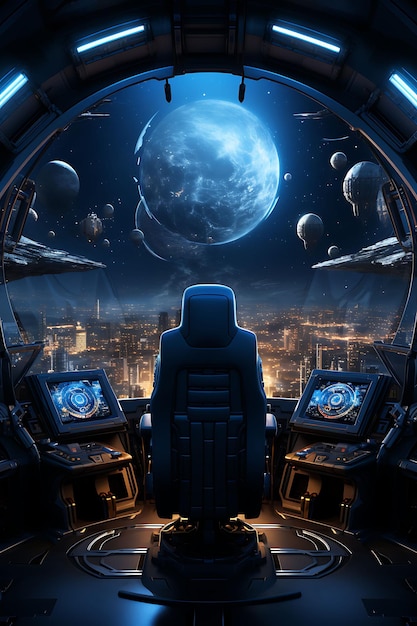 Foto sci fi spaceship cockpit cool blue color theme spaceship con creative live stream ideia de fundo