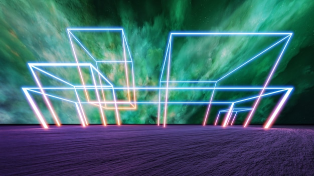 Sci-Fi-Virtual-Reality-Landschaft im Cyberpunk-Stil 3D-Rendering, Fantasy-Universum und Weltraumwolkenhintergrund