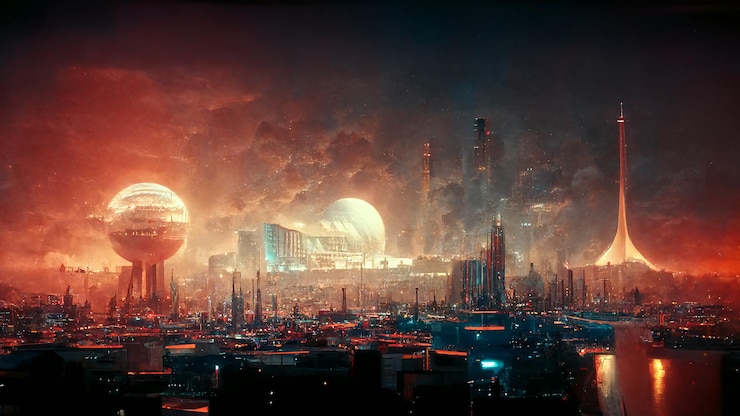 Foto science fiction atomic power city skyline panorama digital 3d art illustration