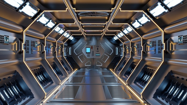 Science-Fiction-Innenraum-Rendering Science-Fiction-Raumschiffkorridore gelbes Licht, 3D-Rendering