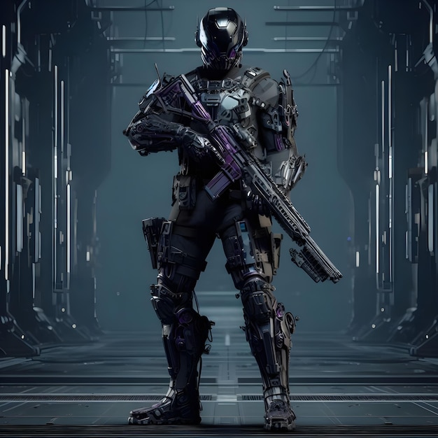 Science-Fiction-Soldat trägt schwere Science-Fiction-Elfenrüstung in kybernetischem Schwarz