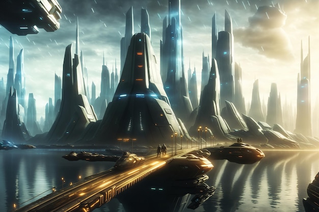 Science-Fiction-Stadt mit futuristischen Skyline-Gebäuden, Konzeptkunst, Cyber-Metaverse-Stadt