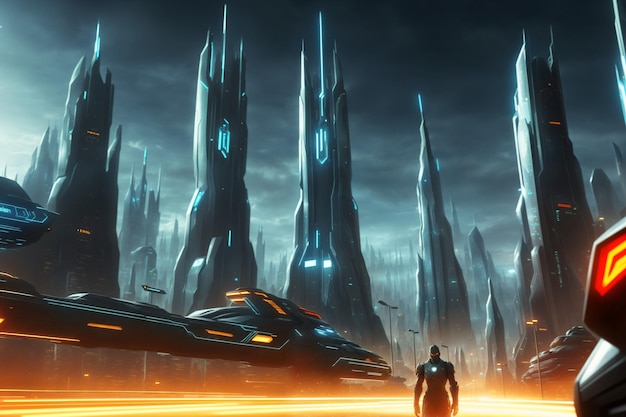Science-Fiction-Stadt mit futuristischen Skyline-Gebäuden, Konzeptkunst, Cyber-Metaverse-Stadt