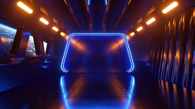 Science-Fiction-Tunnel im Weltraum mit Neonlicht. Planet Erde außerhalb des Fensters des Raumschiffs. Weltraumtechnologie-Konzept. 3D-Darstellung