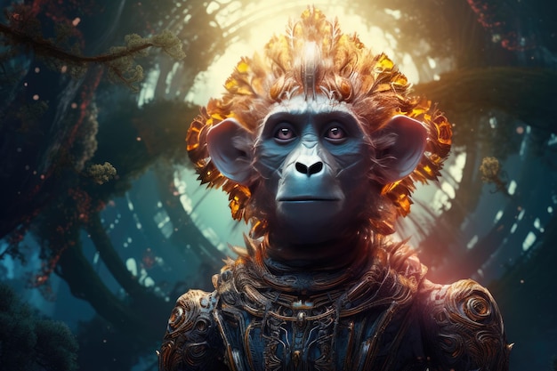Scifi-Affen Wildtier-Fantasie-Kreatur mit farbenfrohem Himmel und dunklem Hintergrund Generative Ai