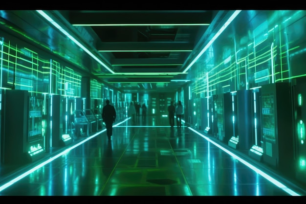 Scifi Big Wide Hall con luces brillantes y piso reflectante láser