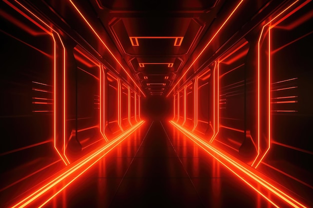 Scifi Big Wide Hall mit leuchtenden Lichtern und laserreflektierendem Boden
