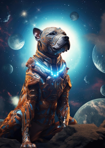 Scifi cão casa animal criatura de fantasia com céu colorido fundo escuro Generative Ai