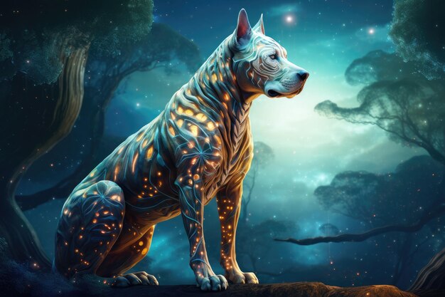 Scifi cão casa animal criatura de fantasia com céu colorido fundo escuro Generative Ai