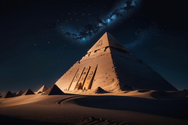 Foto scifi cg de la pirámide gigante en el desierto por la noche antigua civilización