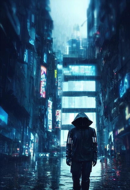 Scifi cyberpunk na cidade chuvosa do futuro Homem futurista de alta tecnologia do futuro