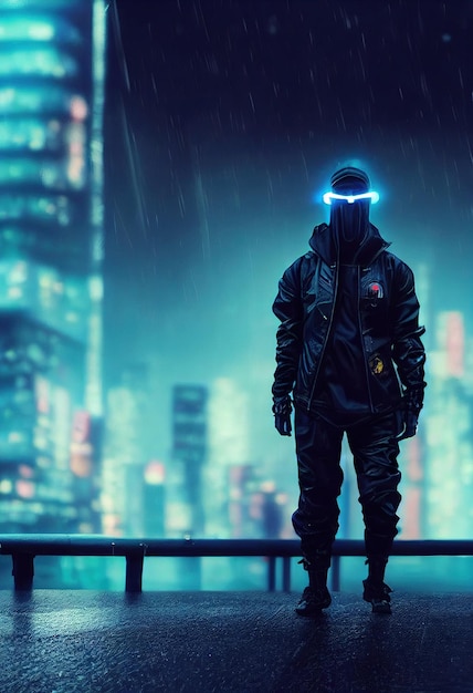 Scifi cyberpunk na cidade chuvosa do futuro Homem futurista de alta tecnologia do futuro