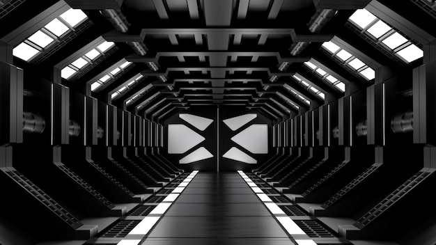 Scifi de fundo escuro com renderização 3d moderna de luzes de néon