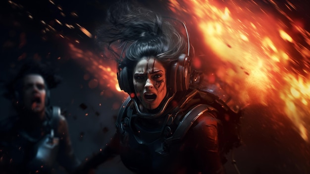 Scifi-Frau-Soldaten mit futuristischem Weltraumschutzanzug Ausdruck der Angst im Kampf Kampffrau fantastischer Held