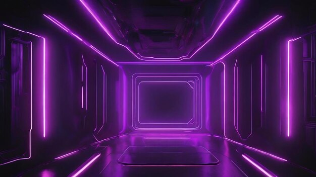 Foto scifi futurista abstracto formas de luz de neón púrpura sobre fondo negro con espacio libre para la ilustración